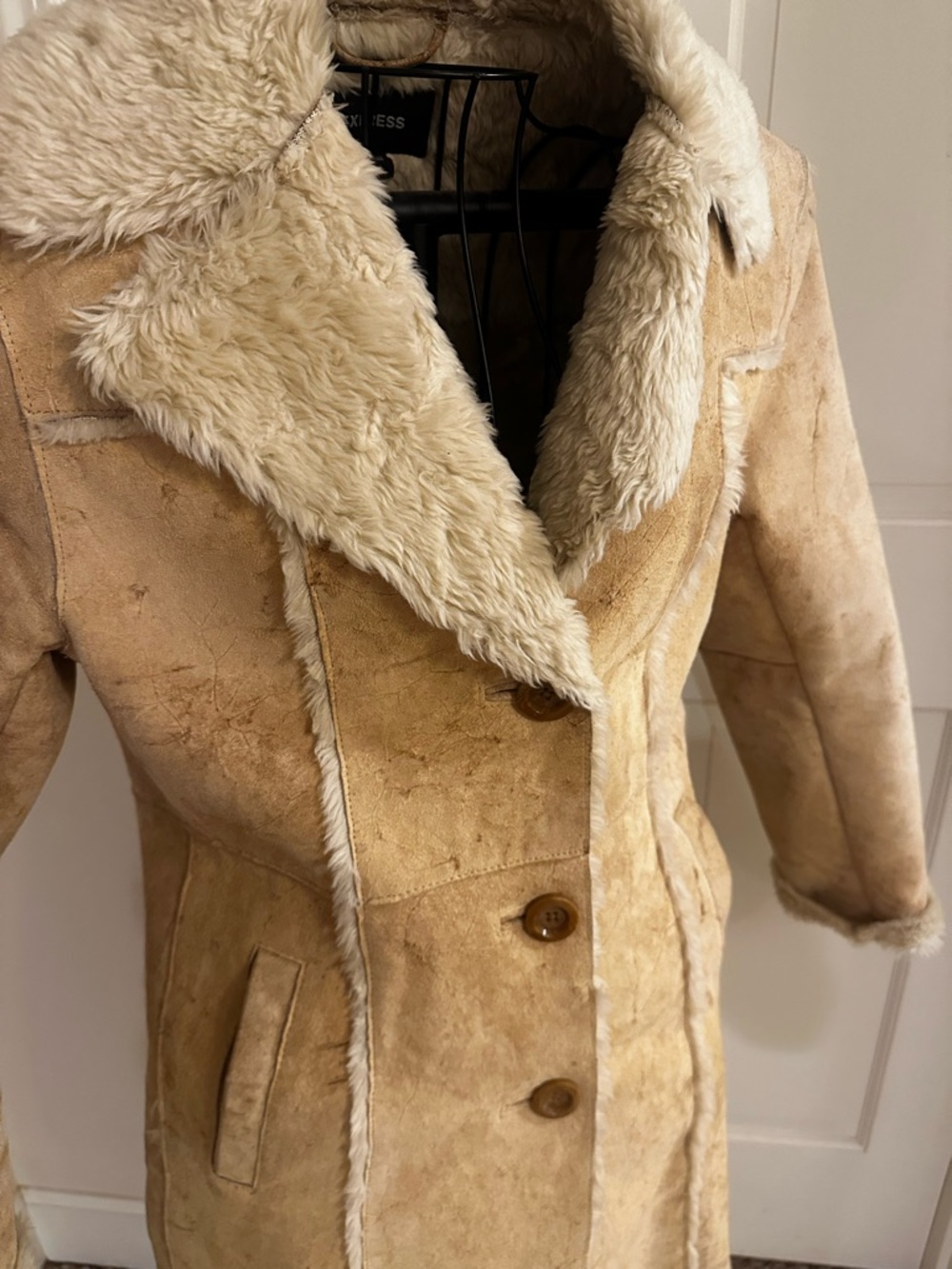 Express Beige Shearling-Trim Suede Trench Coat